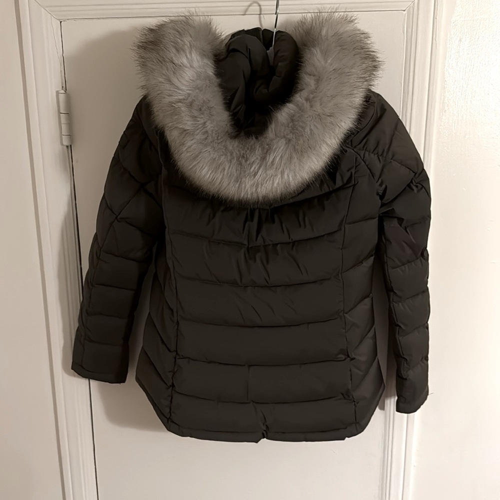 DKNY green puffer jacket with faux fur hood